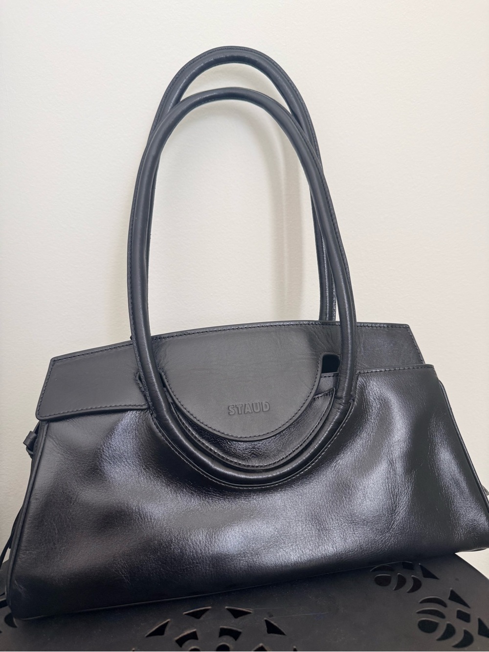 NWT Staud Maude Black Leather Shoulder Bag with Top Handles - Picture 3 of 10